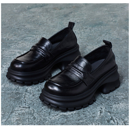 Womens Genuine Leather Heeled Platform Casual Loafers