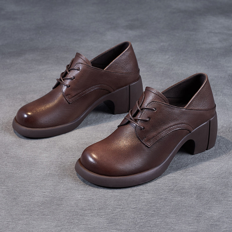 Women's Leather Retro Lace-up Block Heel Oxford Shoes