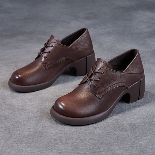 Women's Leather Retro Lace-up Block Heel Oxford Shoes