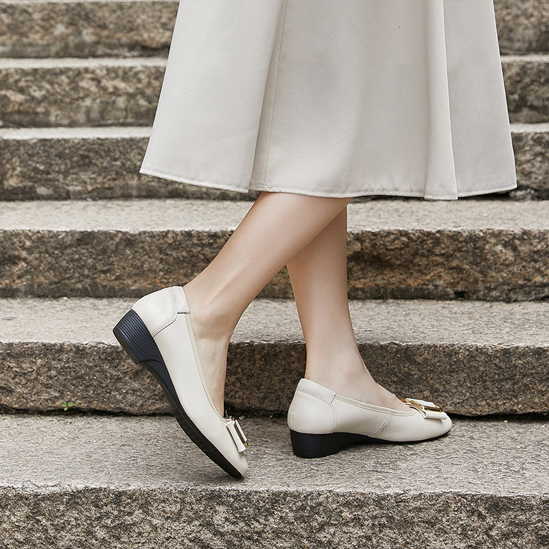 Women's Leather Low Heel Metal Buckle Embellished Pump