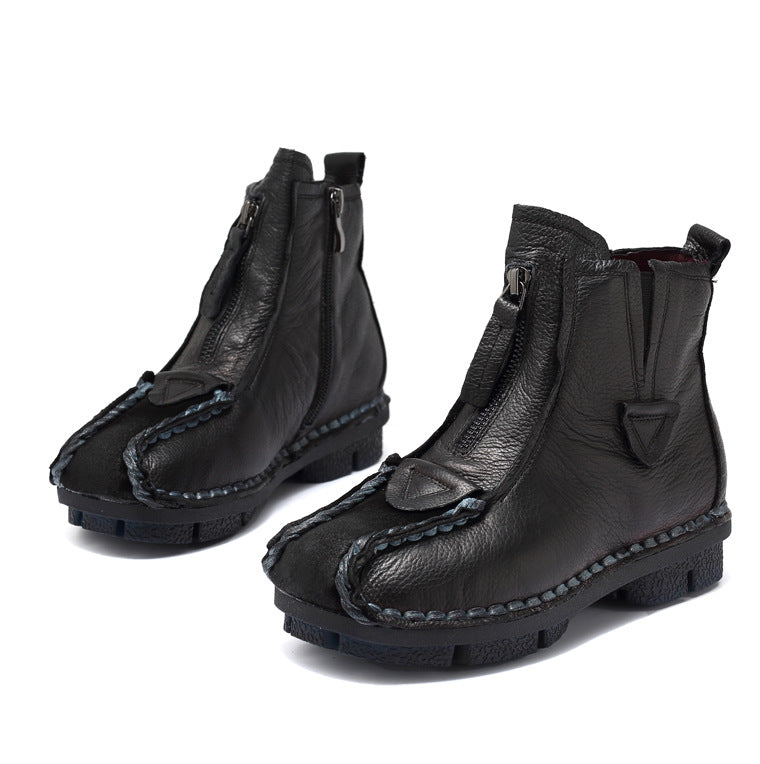 Women's Retro Leather Short Boots – Handmade Stitch Detail & Side Zipper