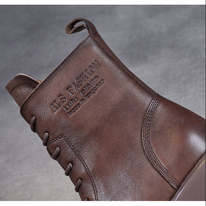 Women's Genuine Leather Casual Combat Boots with Side Zipper Closure