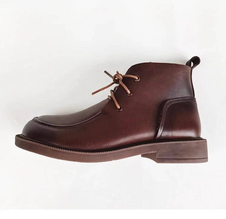 Womens Genuine Leather Wide Toe Lace-up Ankle Boots