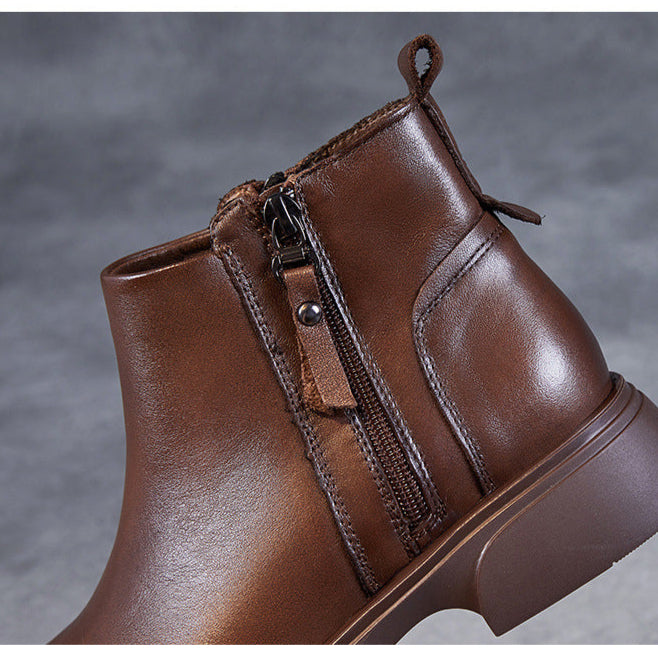 Women's Genuine Leather Casual Ankle Boots – Comfortable Double Zipper Design