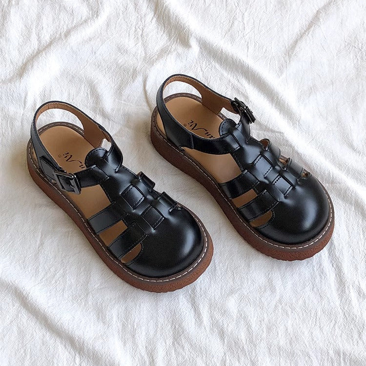 Women's Leather Closed Toe Round Sandals – Casual Summer Comfort Shoes