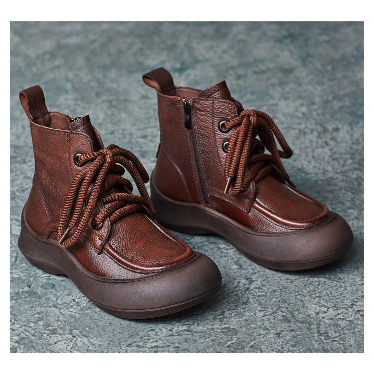 Women's Zip Lace-Up Leather Ankle Boots – Comfortable for Daily Wear