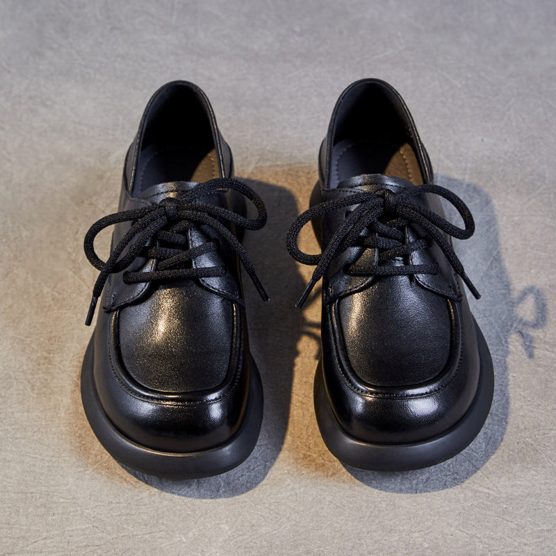 Women's Leather Comfortable Casual Chunky Heel Lace-Up Shoes