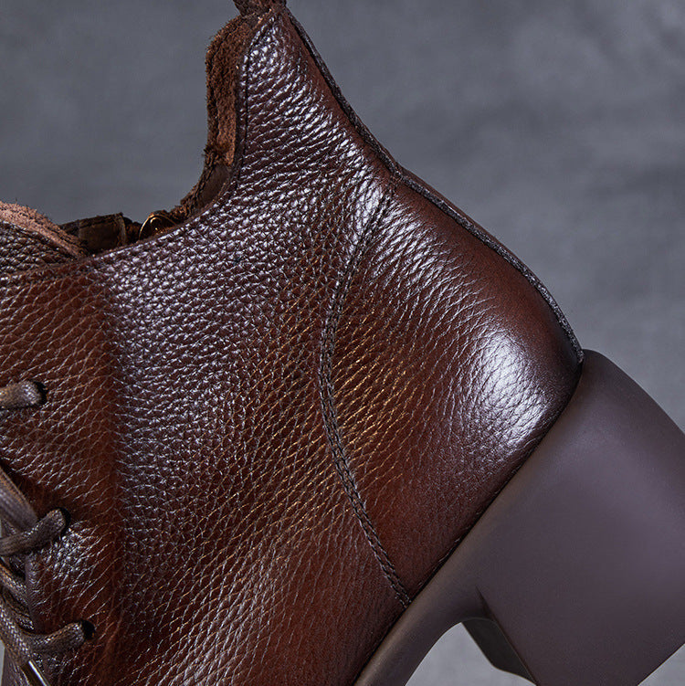 Women's Casual Lace-Up Ankle Boots – Round Toe Block Heel with Side Zipper