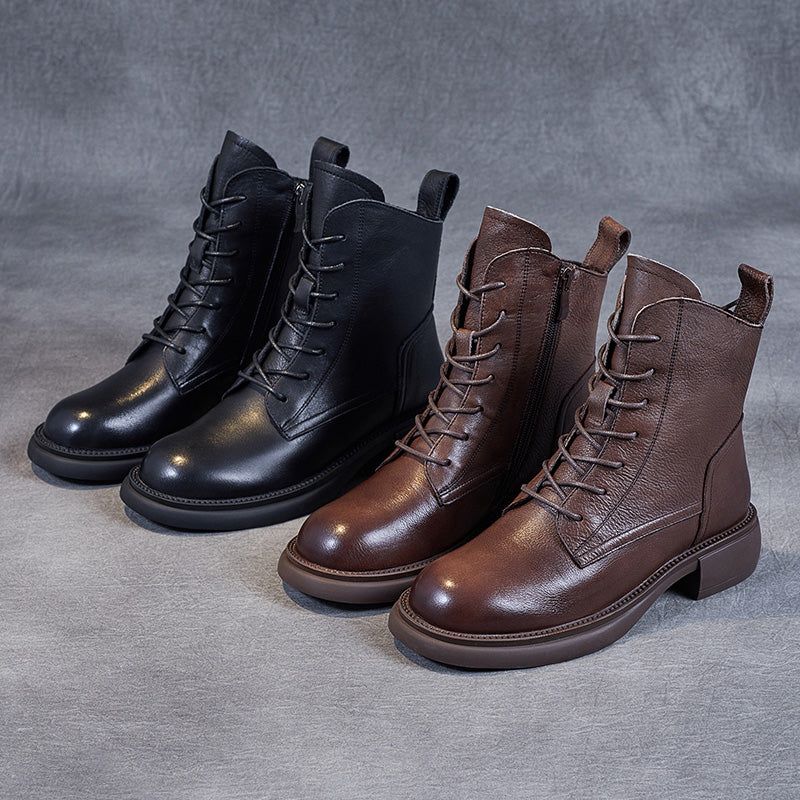 Women's Leather Vintage Zipper Lace Up Block Heel Ankle Boots