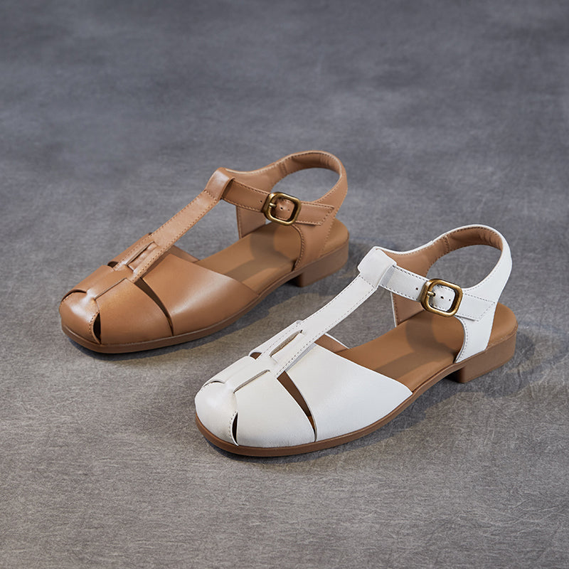 Women's Leather Summer Closed Toe T-Strap Comfort Sandals