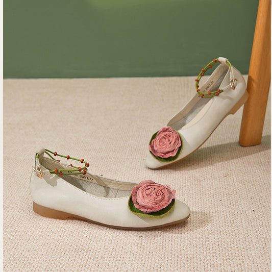 Women's Leather Handmade Literary Style Flower Pointed Toe Flat Shoes
