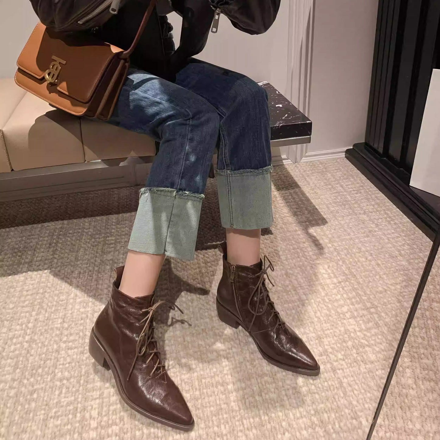 Women's Leather Lace-Up Ankle Boots – Pointed Toe & Block Heel