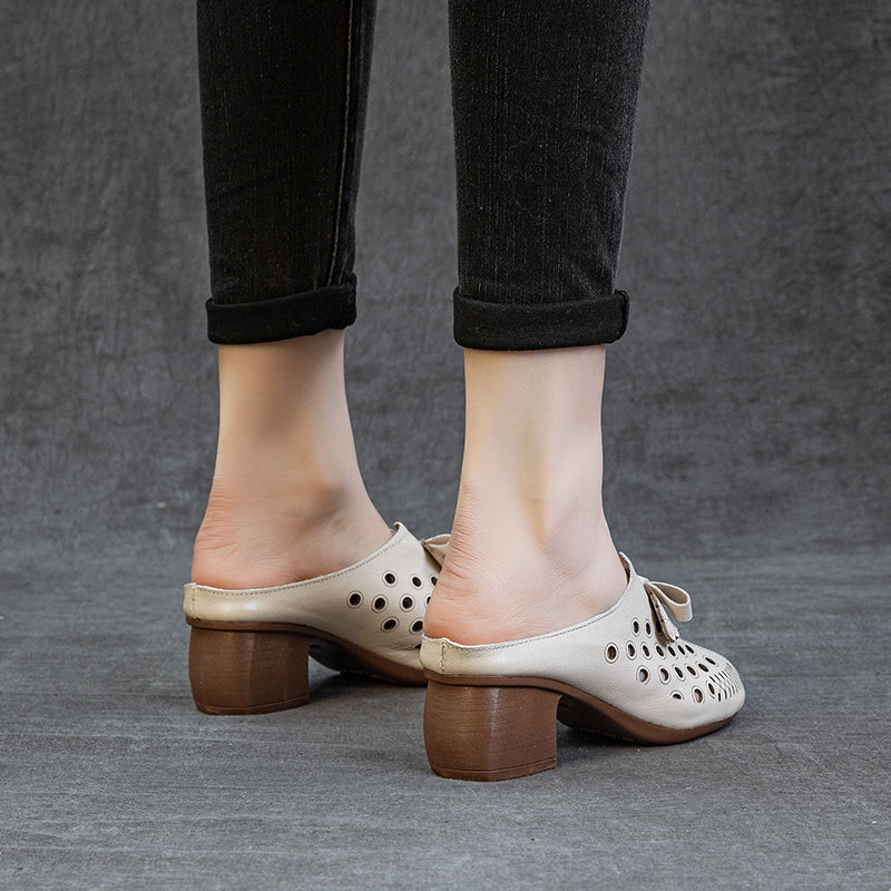 Women's Leather Bowknot Hollow Out Mid Heel Block Mule Shoes