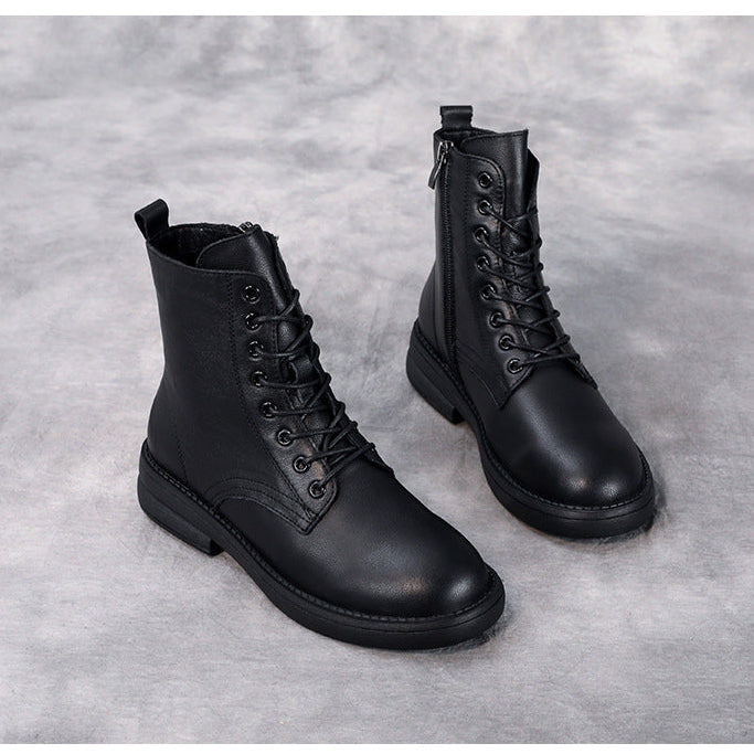 Women's Leather Casual Lace-Up Ankle Boots with Side Zipper Closure