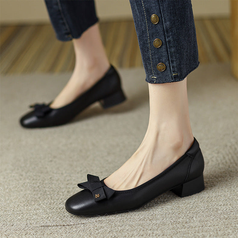 Women's Leather Ballet Flats - Round Toe with Elegant Bow Detail