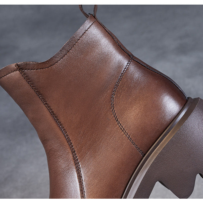 Women's Leather Ankle Boots – Platform Chunky Mid Heel with Side Zipper
