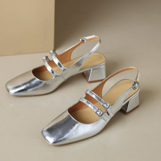 Women's Stylish Square Toe Mary Jane Double Strap Buckle Low Heel Sandals