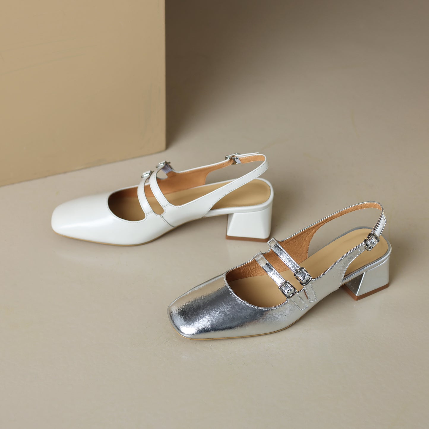 Women's Stylish Square Toe Mary Jane Double Strap Buckle Low Heel Sandals