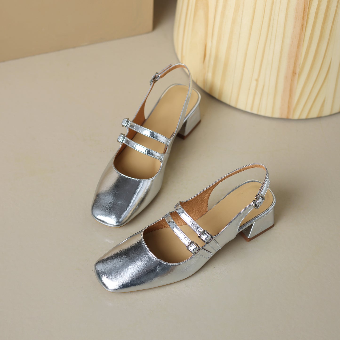 Women's Stylish Square Toe Mary Jane Double Strap Buckle Low Heel Sandals