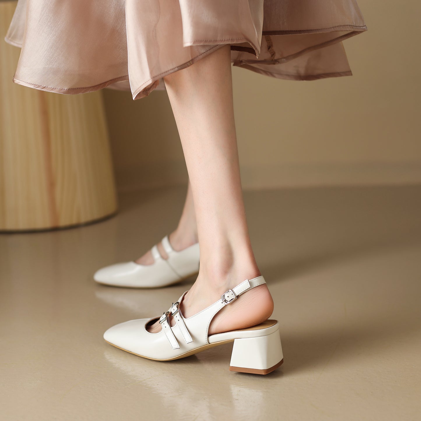 Women's Stylish Square Toe Mary Jane Double Strap Buckle Low Heel Sandals