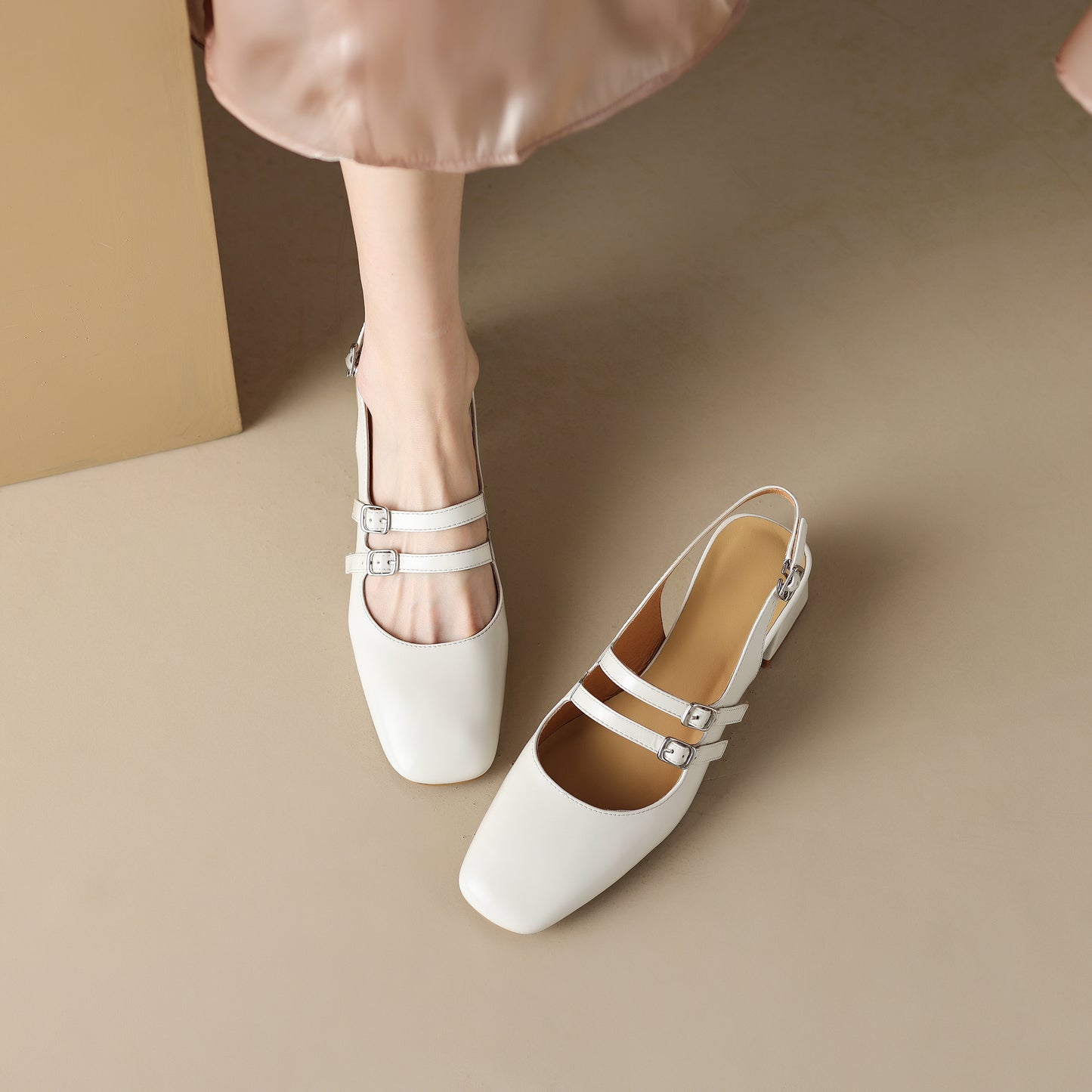 Women's Stylish Square Toe Mary Jane Double Strap Buckle Low Heel Sandals