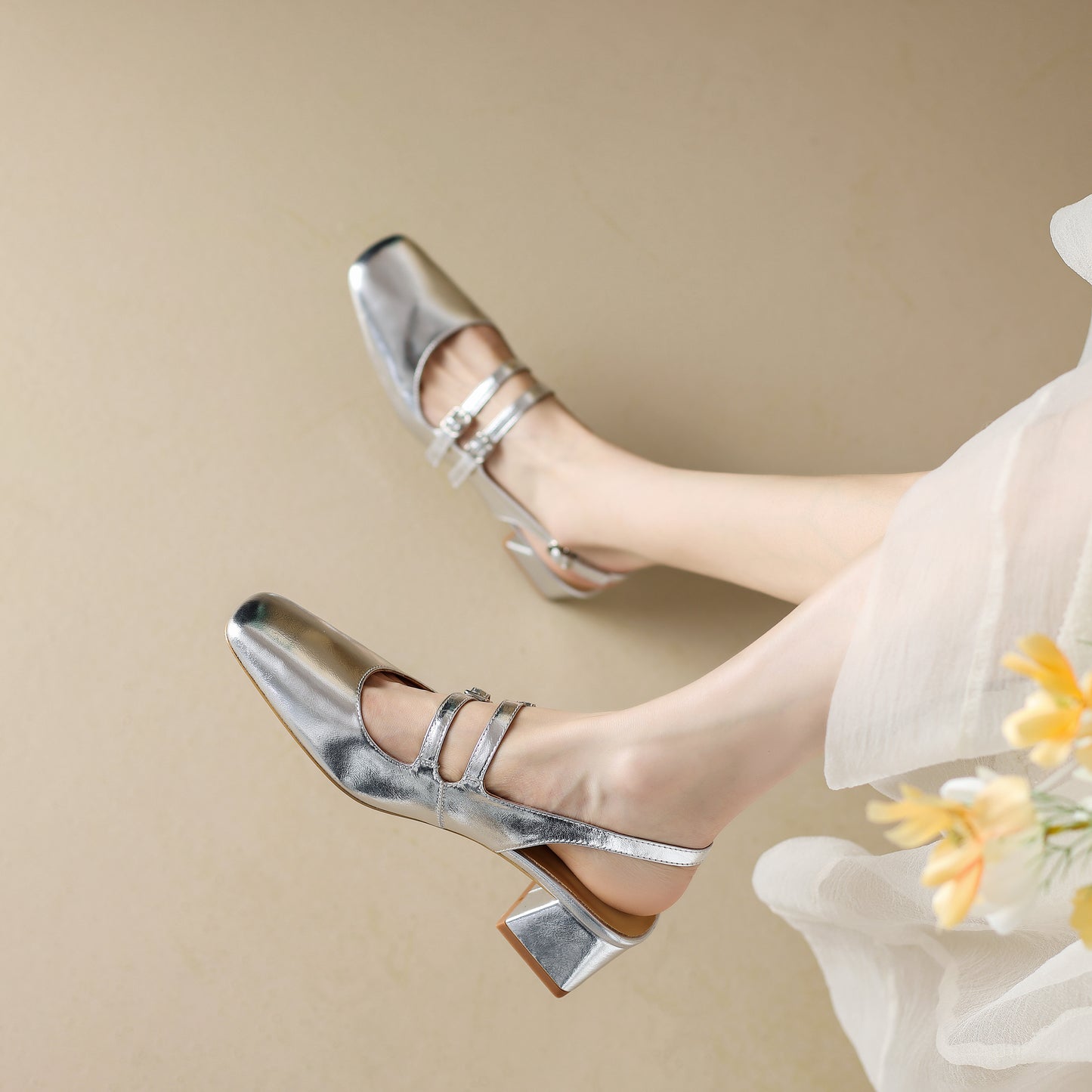 Women's Stylish Square Toe Mary Jane Double Strap Buckle Low Heel Sandals