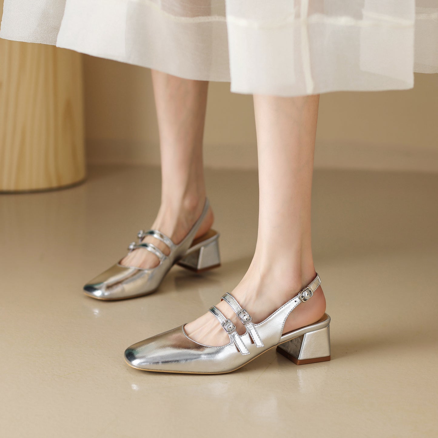 Women's Stylish Square Toe Mary Jane Double Strap Buckle Low Heel Sandals