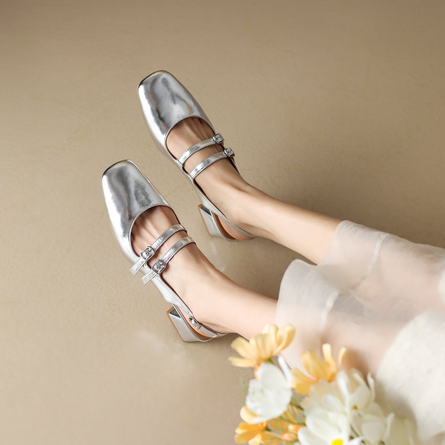 Women's Stylish Square Toe Mary Jane Double Strap Buckle Low Heel Sandals