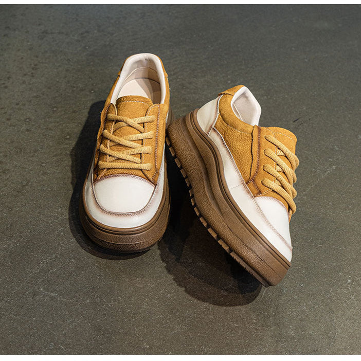 Women's Leather Lace-up Casual Platform Walking Shoes Tennis Shoes