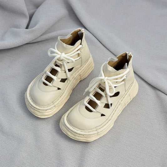 Women's Soft Leather Platform Ankle Boots – Lace-Up, Zipper, Cut-Out Design