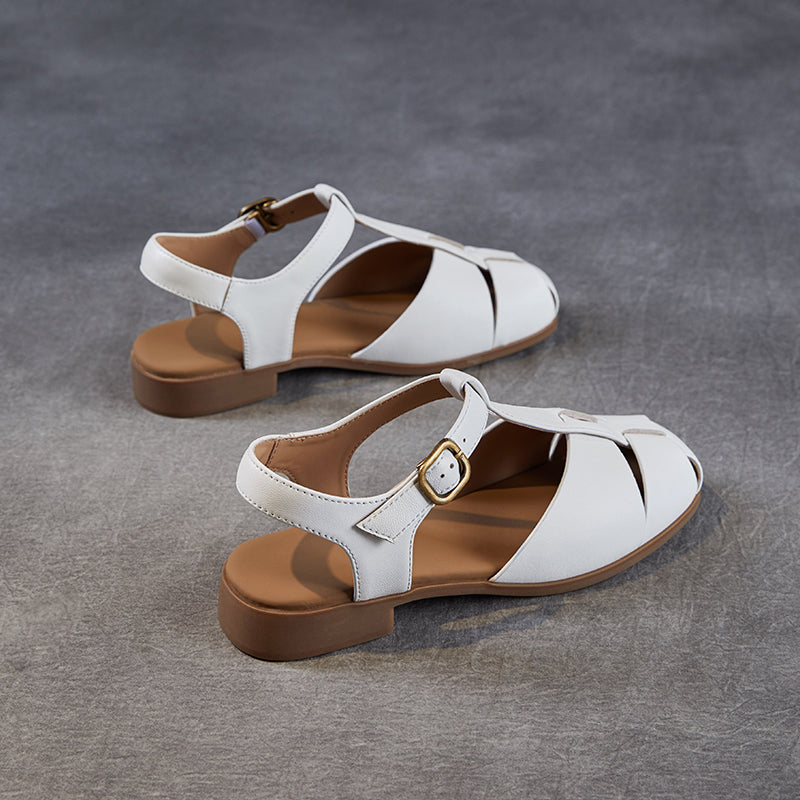 Women's Leather Summer Closed Toe T-Strap Comfort Sandals