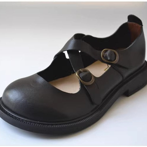 Women's Wide Fit Mary Jane Leather Flats – Handmade with Buckle Strap – Comfort Shoes