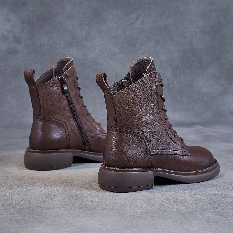 Women's Leather Vintage Zipper Lace Up Block Heel Ankle Boots