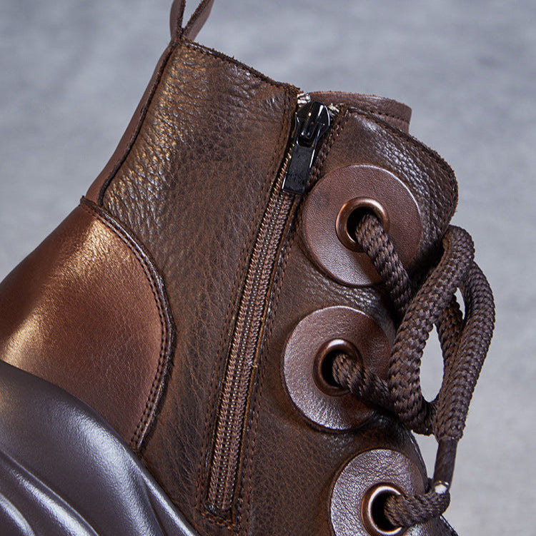 Women's Genuine Leather Lace-Up Ankle Boots – Casual Platform Chunky Sole
