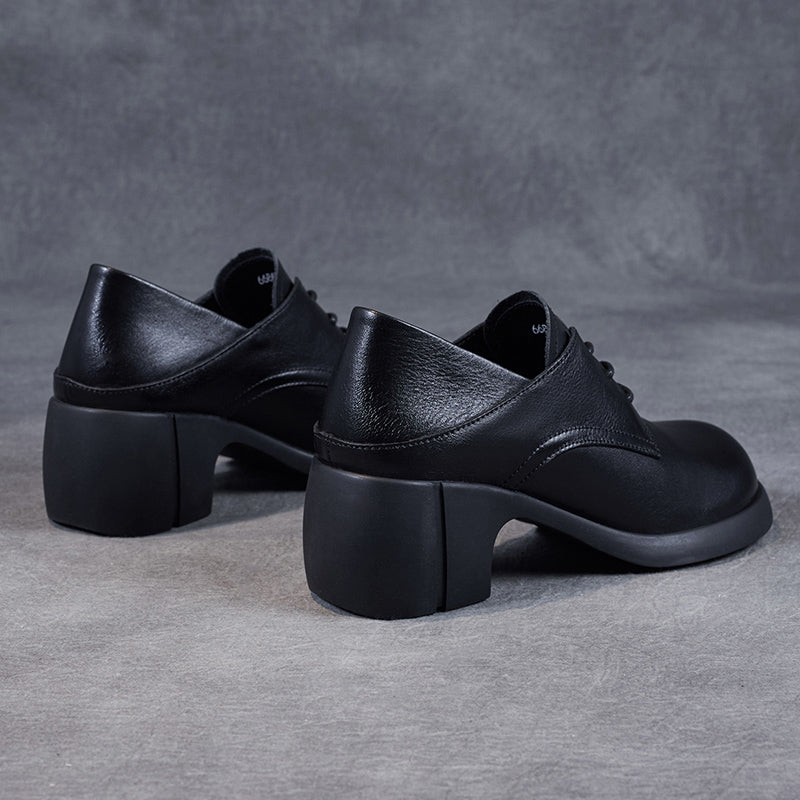 Women's Leather Retro Lace-up Block Heel Oxford Shoes