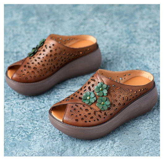 Women's Handmade Vintage Leather Hollow Out Flower Wedge Platform Mule Slippers