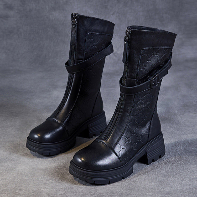 Women's Mid-Calf Embossed Genuine Leather Boots – Buckle Detail