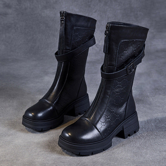 Women's Mid-Calf Embossed Genuine Leather Boots – Buckle Detail Chunky Heel Platform