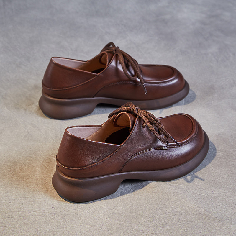 Women's Leather Comfortable Casual Chunky Heel Lace-Up Shoes