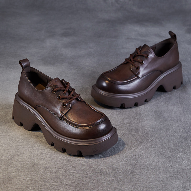 Women's Leather Chunky Heel Lace-Up Oxfords