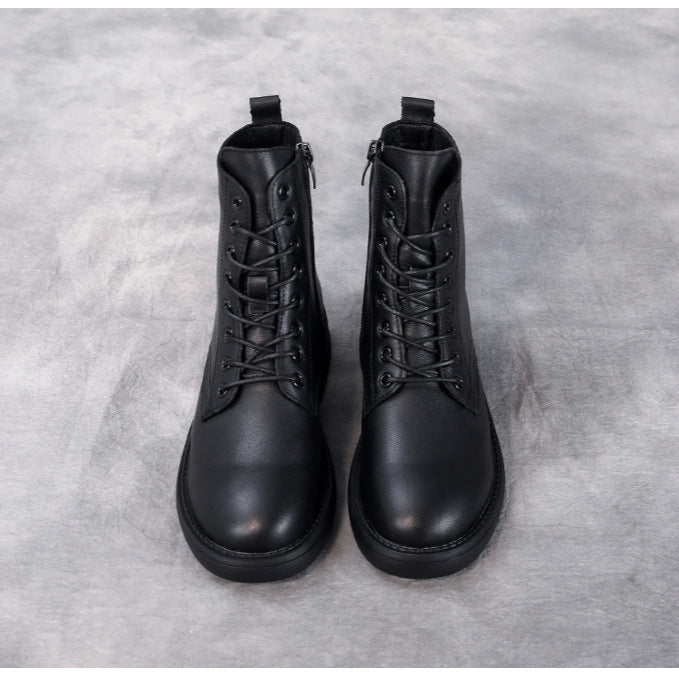 Women's Leather Casual Lace-Up Ankle Boots with Side Zipper Closure