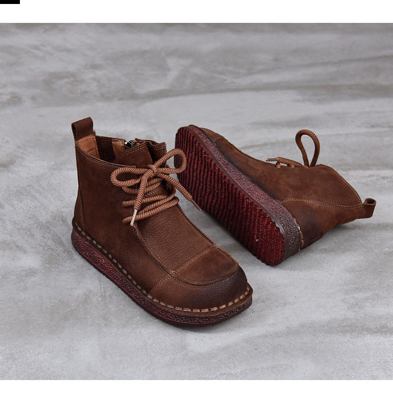 Women's Vintage Leather Ankle Boots – Soft Flat Lace-Up Zipper Short Shoes