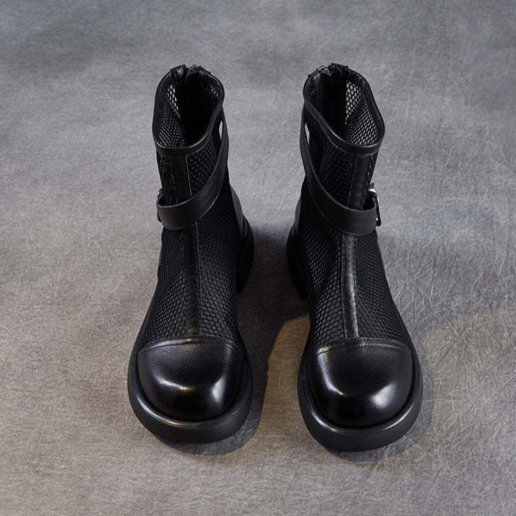 Women's Leather Summer Boots – Mesh Insert Breathable Ankle Shoes