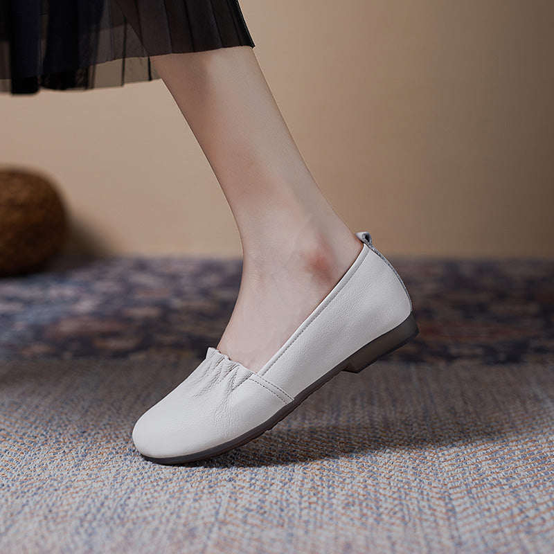 Women's Soft Leather Pleated Daily Slip-On Walking Flats