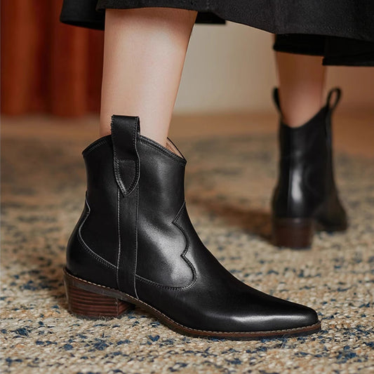 Women's Genuine Leather Western Ankle Boots – Pointed Toe & Block Heel