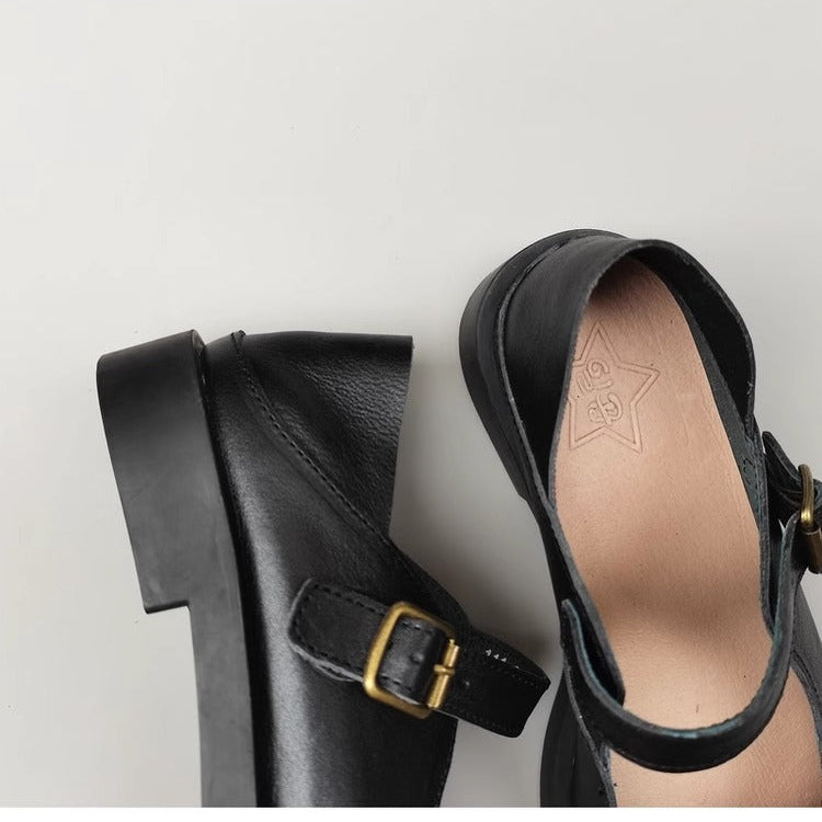 Women's Wide Toe Box Genuine Leather Mary Jane Flats – Buckle, Round Toe Shoes