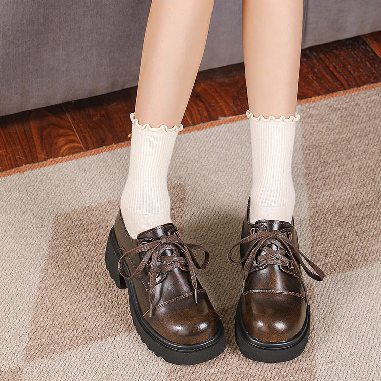 Women's Retro Chunky Oxford Shoes – Lace-Up Round Toe Preppy Flats