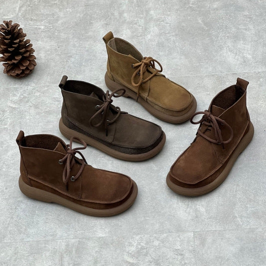 Women Handmade Retro Leather High-top Lace-up Casual Boots