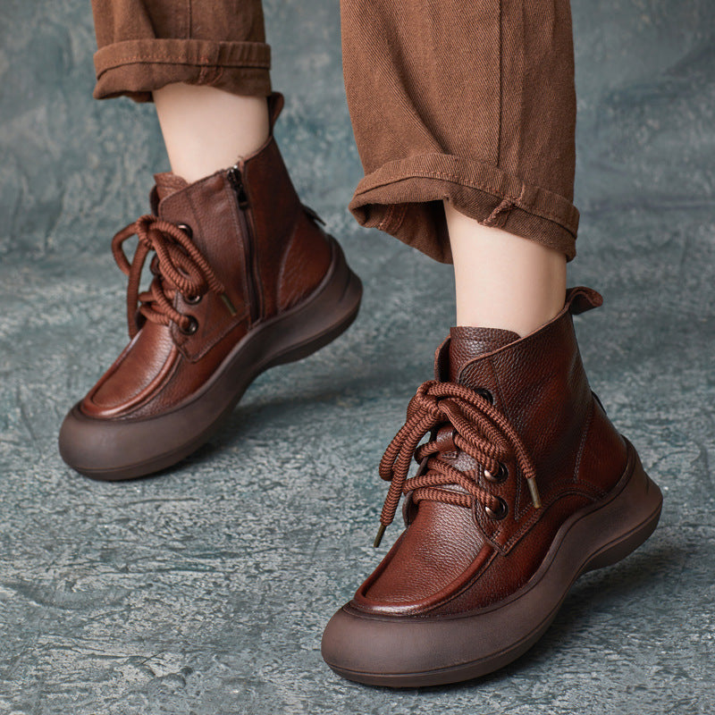 Women's Zip Lace-Up Leather Ankle Boots – Comfortable for Daily Wear