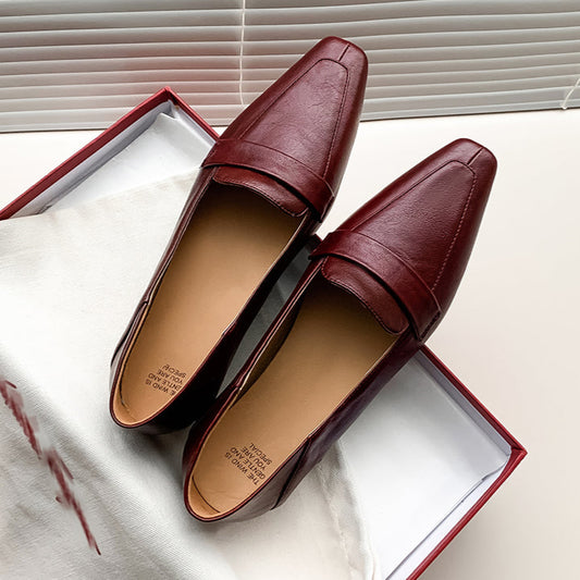 Women Genuine Leather Pointed Toe Retro Slip On Flat Comfortable Loafers